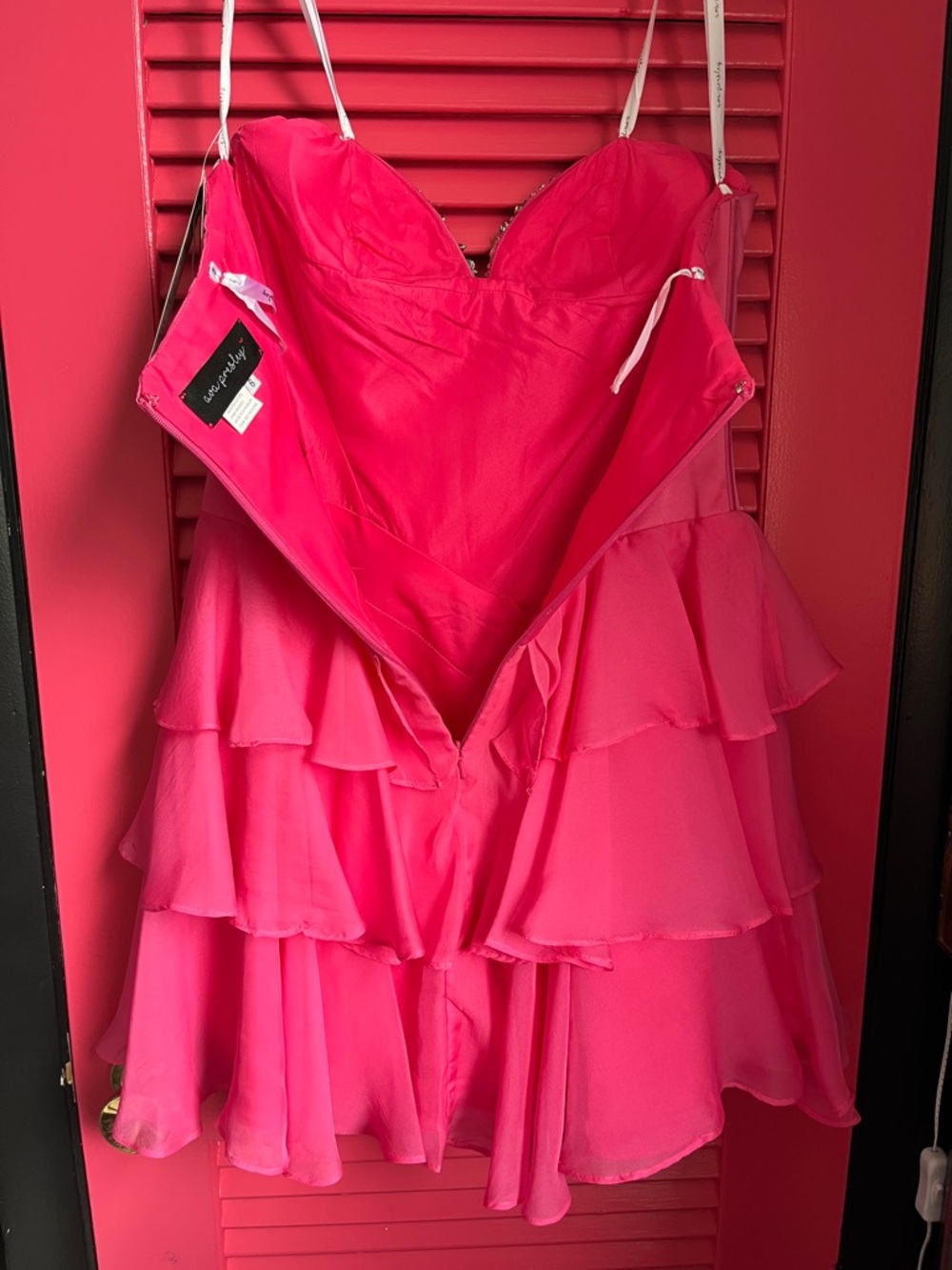 Beaded Bust Hot Pink Tiered Ruffle Prom Dress - Picture 12 of 16
